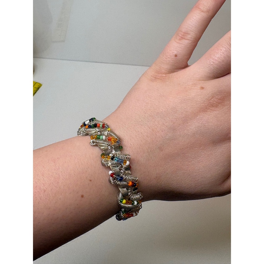 Vintage Silver Tone Wire Wrap Cuff Bracelet Multi Color Seed Beads Industrial